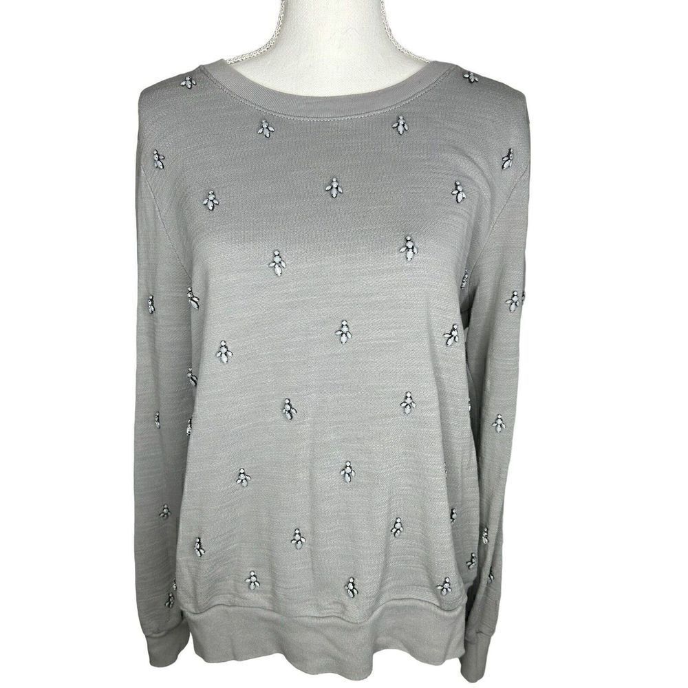 J. Crew Womens Sweatshirt Embellished Crew Neckline Long Sleeve Gray Size M